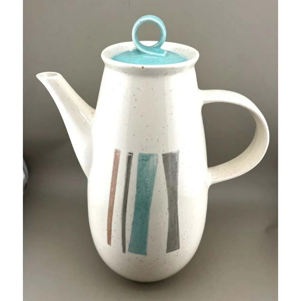 Vtg Vernonware Metlox Anytime Coffee Pot Retro 50's MCM EUC Stripe Torquoise USA
